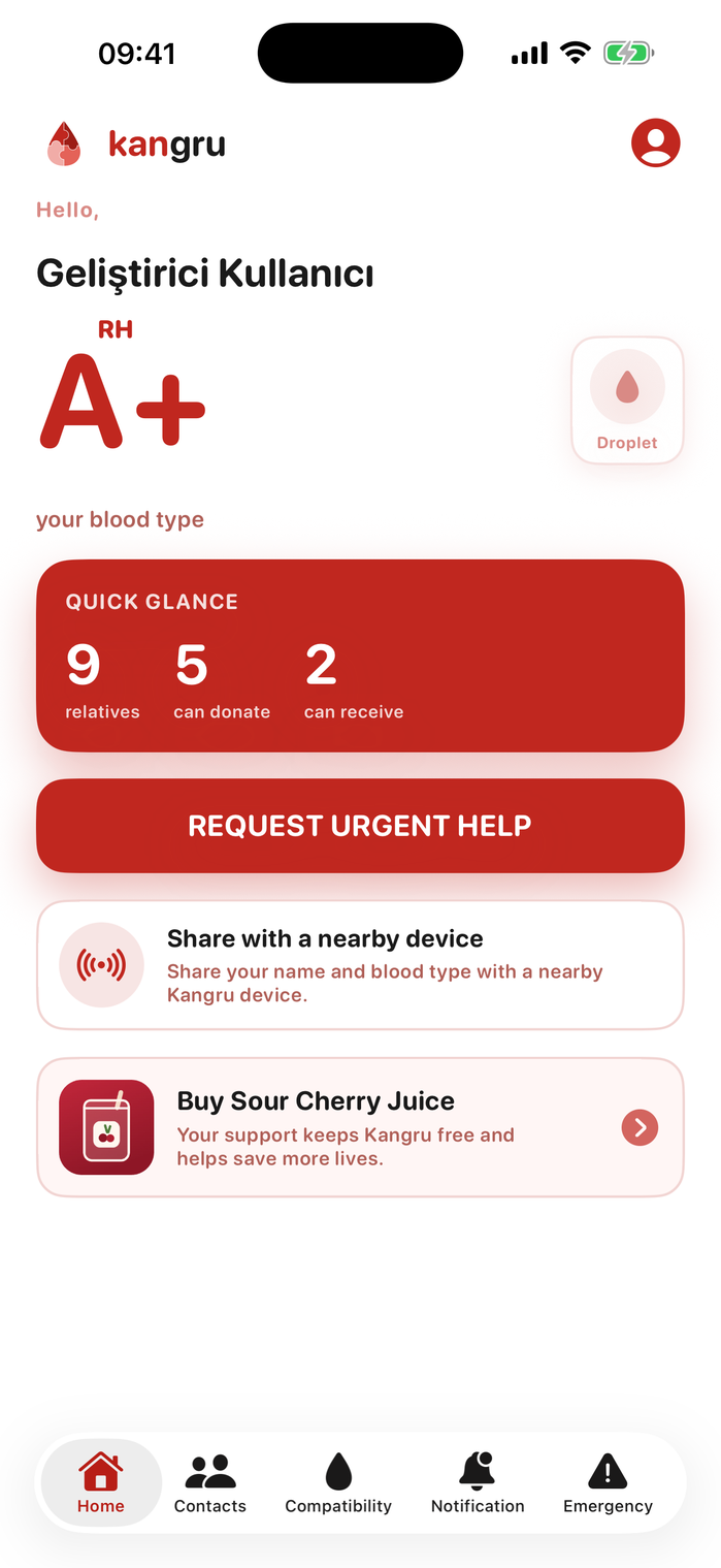 Kangru home screen — blood type and quick access